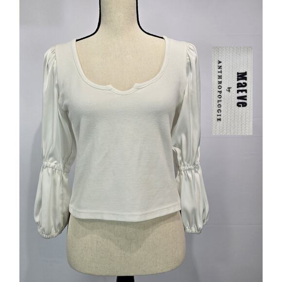 ANTHROPOLOGIE Maeve Ribbed Tiered Sleeve White Blouse S P - Picture 1 of 11